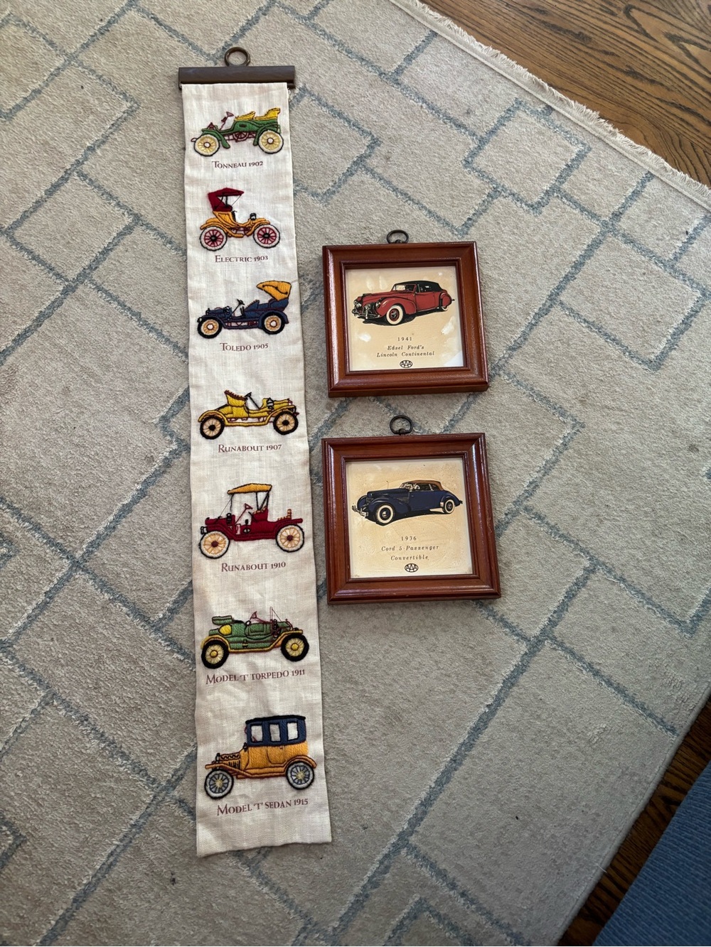 Vintage Style Embroidered Classic Car Wall Hanging and two framed wall pictures.